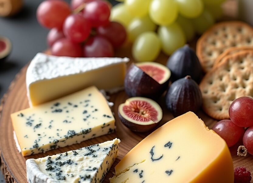 "How to make a cheese plate – a beautifully arranged cheese board with Brie, blue cheese, aged Gouda, fresh grapes, figs, crackers, and nuts, perfect for entertaining and charcuterie spreads.