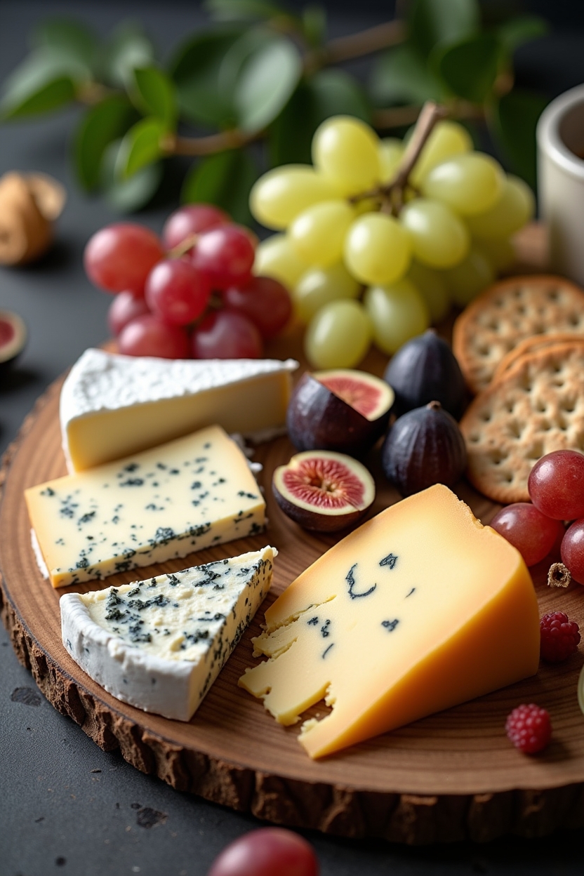 "How to make a cheese plate – a beautifully arranged cheese board with Brie, blue cheese, aged Gouda, fresh grapes, figs, crackers, and nuts, perfect for entertaining and charcuterie spreads.