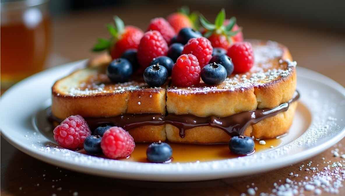 Nutella Stuffed French Toast with powdered sugar and berries