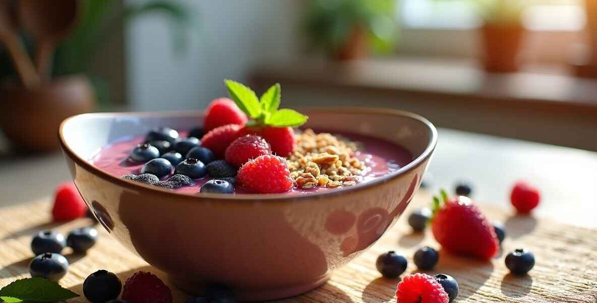 Colorful smoothie bowl breakfast recipe with fresh berries, granola, and chia seeds – an easy, healthy morning meal from Food Satisfy