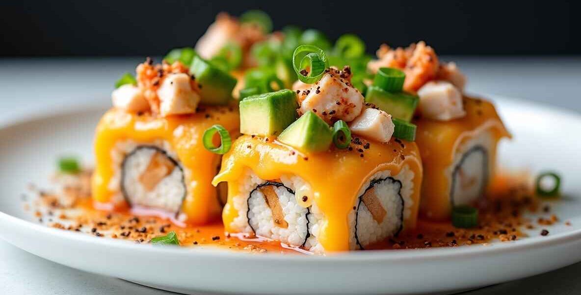 Golden, bubbly sushi bake with melted cheese, crab, and avocado, garnished with green onions and furikake