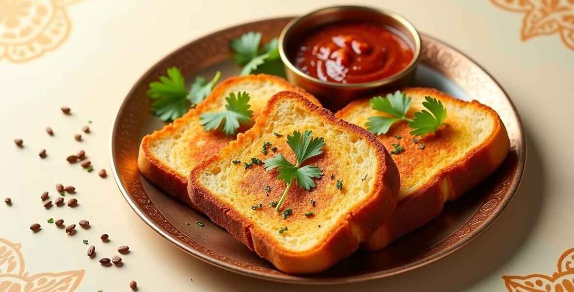 Crispy golden Masala Toast Indian breakfast with fresh herbs and spices, served hot with chutney – a delicious and easy morning meal by Food Satisfy.