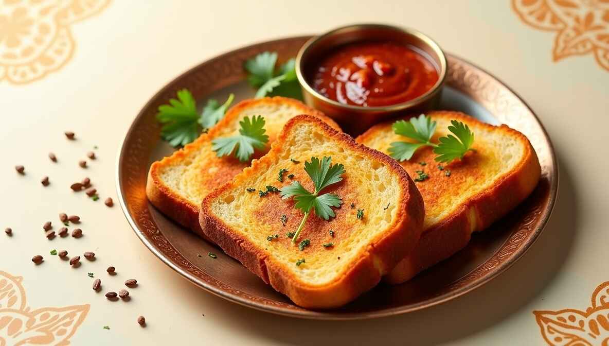 Crispy golden Masala Toast Indian breakfast with fresh herbs and spices, served hot with chutney – a delicious and easy morning meal by Food Satisfy.