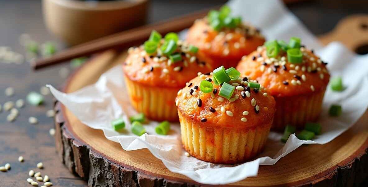Freshly baked spicy salmon sushi muffins with golden crust, topped with sesame seeds and green onions, served on a rustic wooden board with chopsticks